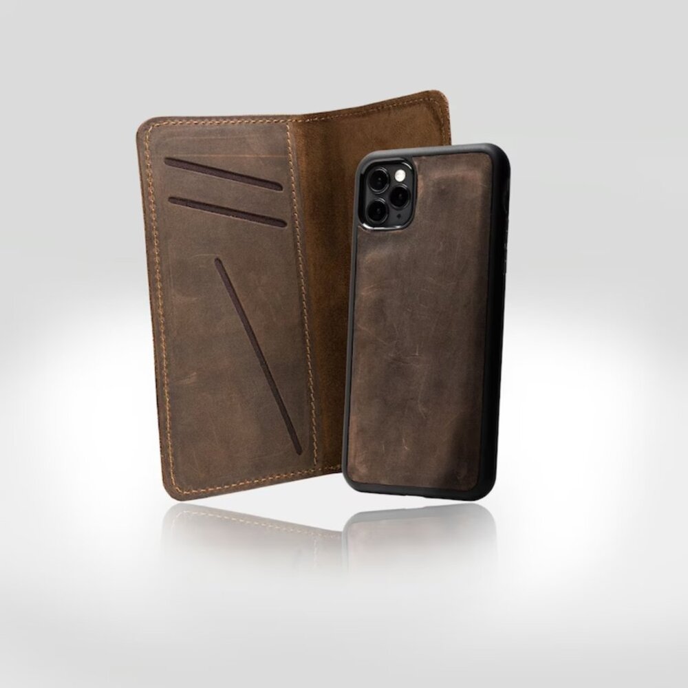 iPhone X XS Chestnut Distressed Leather Magnetic Wallet Phone Case